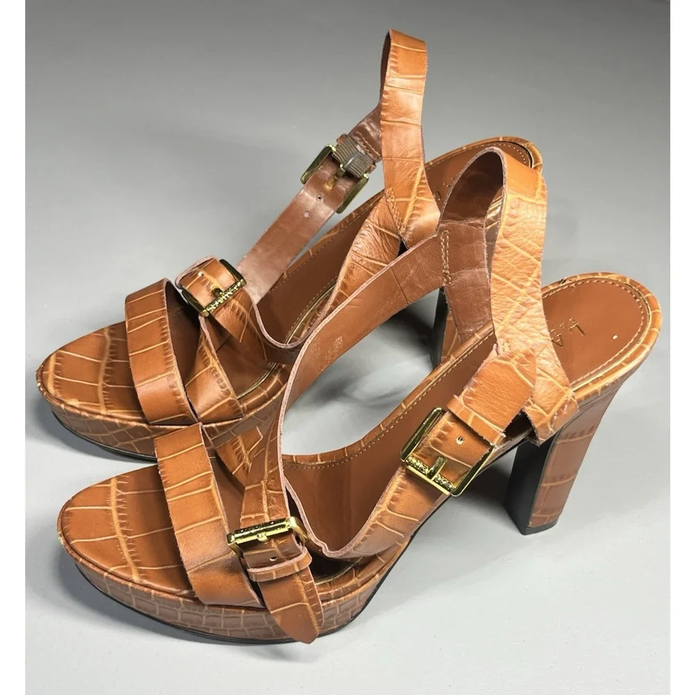Lauren Ralph Lauren Serrata Platform Pumps Brown 9.5B Embossed Crocodile Strappy